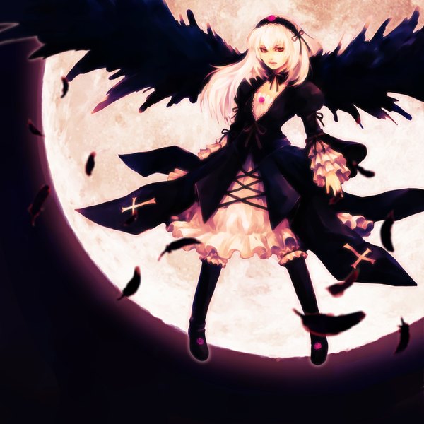 Anime picture 1100x1100 with rozen maiden suigintou hironox single long hair red eyes white hair angel wings black wings weightlessness gothic girl dress hairband moon feather (feathers)