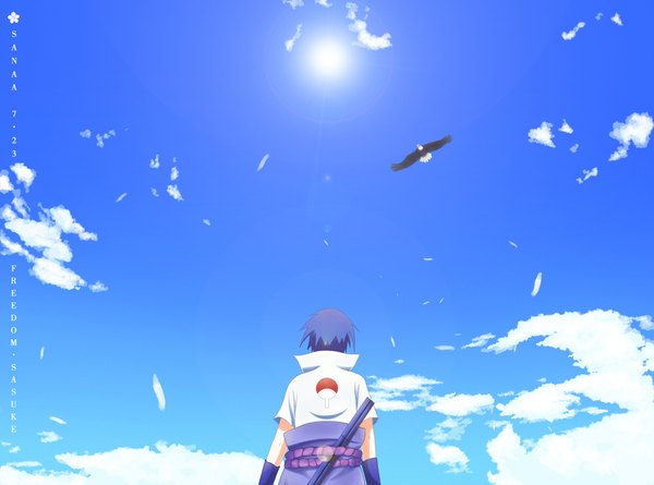 Anime picture 1900x1411 with naruto studio pierrot naruto (series) uchiha sasuke sanaa single highres short hair standing blue hair sky cloud (clouds) from behind from below boy animal elbow gloves bird (birds) feather (feathers) sun