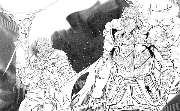 Anime picture 1500x925 with elden ring queen marika the eternal morgott the omen king godfrey first elden lord serosh (elden ring) mantangfeng short hair wide image holding looking away multiple boys monochrome multiview carrying girl boy animal armor 2 boys crown