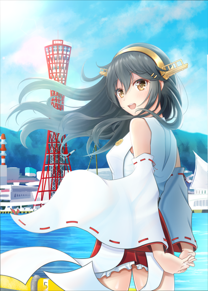 Anime picture 2586x3620 with kantai collection haruna battleship matsu (matsubozu867) single long hair tall image blush fringe highres open mouth black hair smile hair between eyes standing brown eyes payot looking away sky cloud (clouds) outdoors
