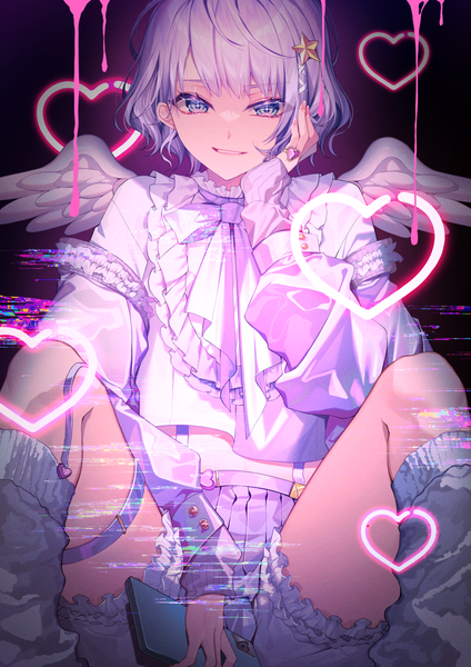 Anime picture 848x1200 with original urashima (hidoro mgmg) single tall image looking at viewer short hair sitting silver hair long sleeves sleeves past wrists silver eyes white wings hand on cheek boy hair ornament wings heart star (symbol) ring mobile phone