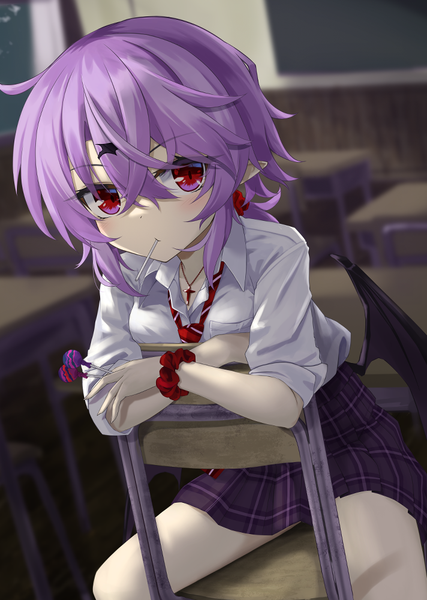 Anime picture 712x1000 with touhou remilia scarlet akisome hatsuka single tall image looking at viewer blush fringe short hair hair between eyes red eyes sitting holding purple hair indoors pointy ears depth of field alternate costume mouth hold plaid skirt