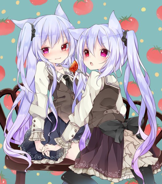 Anime picture 1740x1970 with original chico152 long hair tall image looking at viewer blush fringe highres open mouth smile sitting purple eyes twintails multiple girls holding animal ears looking away pleated skirt holding hands feeding