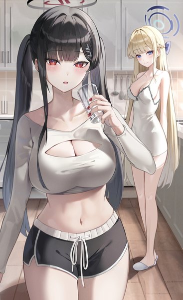 Anime picture 2447x4000 with blue archive rio (blue archive) toki (blue archive) jaduade long hair tall image looking at viewer blush fringe highres breasts open mouth blue eyes light erotic black hair blonde hair smile red eyes large breasts standing
