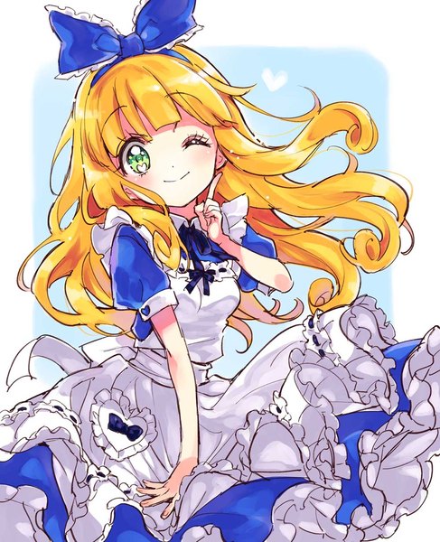Anime picture 1000x1231 with alice in wonderland jashin-chan dropkick alice (wonderland) poporon (jashin-chan dropkick) yukiwo single long hair tall image looking at viewer blonde hair smile green eyes one eye closed wink puffy sleeves cosplay alice (wonderland) (cosplay) girl dress bow