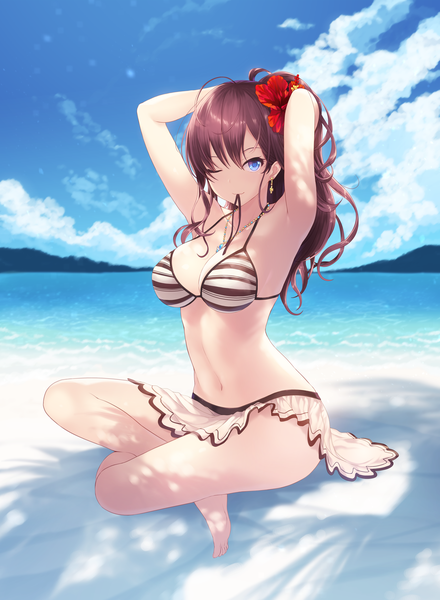 Anime picture 4606x6281 with idolmaster idolmaster cinderella girls ichinose shiki cait single long hair tall image looking at viewer fringe highres breasts blue eyes light erotic smile hair between eyes brown hair sitting holding payot absurdres