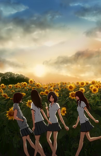 Anime picture 1300x2000 with original no10 (artist) long hair tall image short hair brown hair multiple girls looking away sky cloud (clouds) sunlight mouth hold back hand in pocket walking running quartet girl skirt uniform