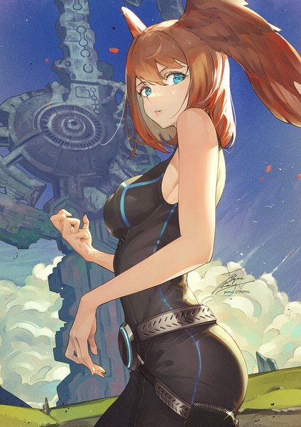 Anime picture 1061x1500 with xenoblade xenoblade 3 eunie (xenoblade) fadingz single tall image looking at viewer fringe short hair breasts blue eyes hair between eyes standing bare shoulders signed sky cloud (clouds) outdoors parted lips arm up