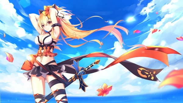 Anime picture 1920x1080 with granblue fantasy vira lilie rx7649 single long hair looking at viewer blush fringe highres breasts light erotic blonde hair smile hair between eyes red eyes wide image standing sky cloud (clouds) outdoors