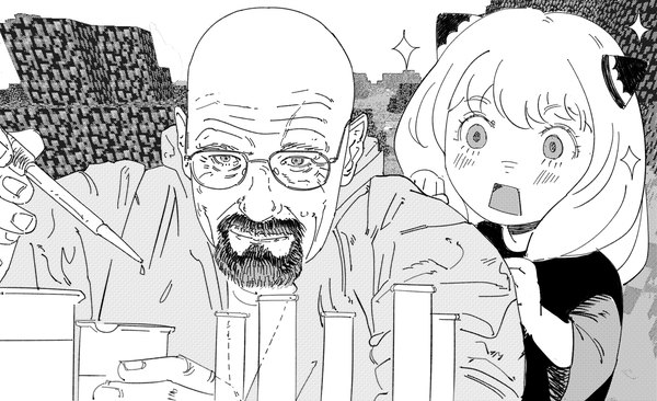 Anime-Bild 3000x1830 mit spy x family breaking bad minecraft anya (spy x family) walter white xyanaid long hair blush fringe highres open mouth wide image holding looking away upper body realistic wide sleeves sparkle monochrome scar