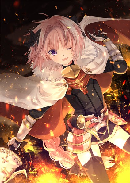 Anime picture 900x1273 with fate (series) fate/apocrypha astolfo (fate) iroha (shiki) single long hair tall image looking at viewer open mouth purple eyes pink hair braid (braids) one eye closed single braid ;d otoko no ko thighhighs boy black thighhighs armor