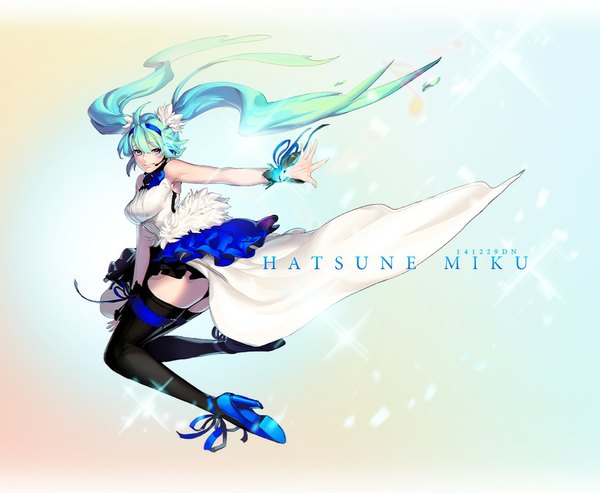 Anime picture 1000x823 with 7th dragon 2020 vocaloid hatsune miku dolnamu single long hair looking at viewer fringe light erotic simple background twintails signed ahoge aqua eyes light smile aqua hair sparkle high heels character names outstretched arm