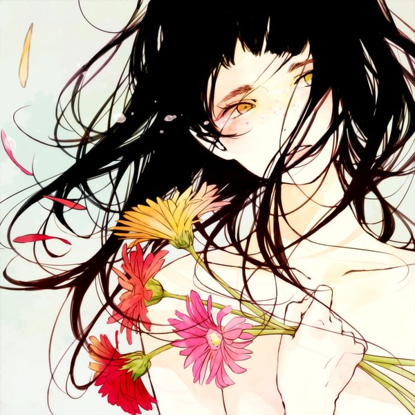 Anime picture 1000x1000 with original kwbr single long hair fringe black hair simple background yellow eyes looking away nude wind tears freckles girl flower (flowers) petals bouquet chamomile