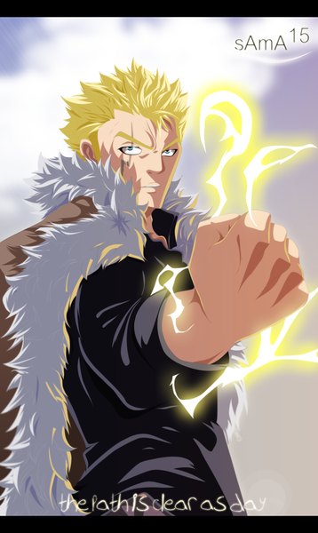 Anime picture 1600x2680 with fairy tail laxus dreyar sama15 single tall image short hair blue eyes blonde hair sky cloud (clouds) coloring magic scar electricity boy fur fist