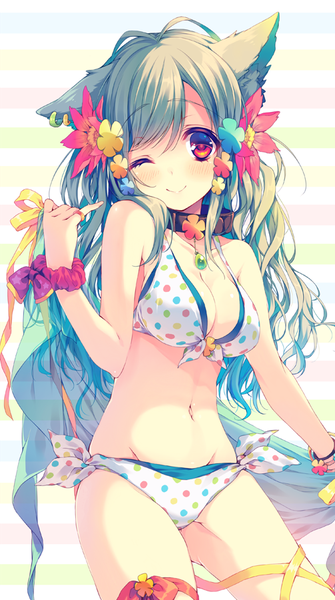 Anime picture 503x900 with original yumeko (reia) reia single long hair tall image looking at viewer blush light erotic smile animal ears cleavage one eye closed pink eyes hair flower green hair wink cat ears bare belly groin