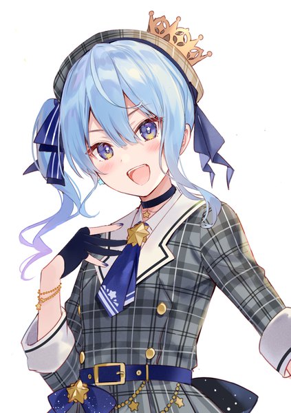 Anime picture 1057x1500 with virtual youtuber hololive hoshimachi suisei hoshimachi suisei (1st costume) fukahire (ruinon) single long hair tall image looking at viewer blush fringe open mouth blue eyes simple background hair between eyes white background blue hair upper body :d side ponytail