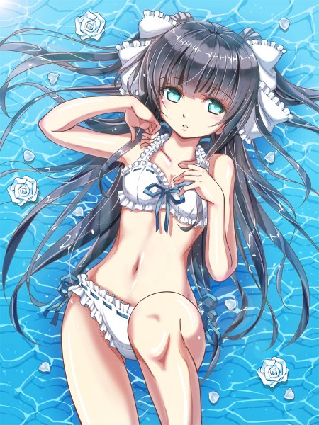 Anime picture 900x1200 with original tokoaoki single long hair tall image blush light erotic bare shoulders payot bent knee (knees) lying parted lips aqua eyes grey hair bare legs bare belly on back two side up shiny skin hand on chest