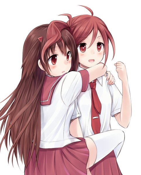 Anime picture 1000x1243 with saki shishihara sawaya yukiko maya suzushiro yukari long hair tall image blush short hair open mouth simple background red eyes brown hair white background multiple girls looking away ahoge red hair pleated skirt hug shoujo ai