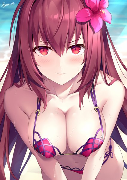 Anime picture 1012x1432 with fate (series) fate/grand order scathach (fate) (all) scathach (swimsuit assassin) (fate) rin yuu single long hair tall image looking at viewer blush fringe breasts light erotic hair between eyes red eyes large breasts signed cleavage purple hair hair flower