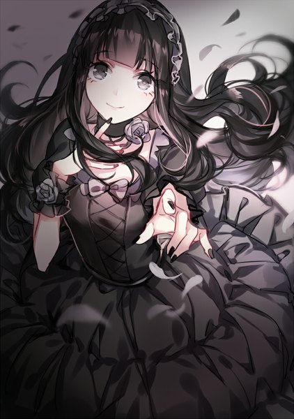 Anime picture 703x1000 with original imi fumei single long hair tall image looking at viewer fringe black hair smile nail polish grey eyes finger to mouth black nail polish gothic girl dress flower (flowers) bow choker hairband