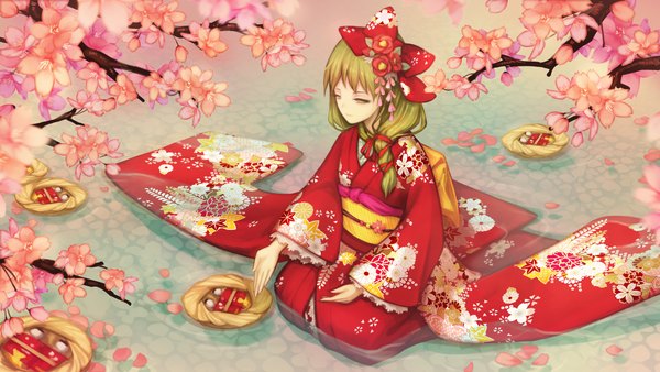 Anime picture 2500x1407 with touhou kagiyama hina echoes single highres wide image sitting green eyes long sleeves traditional clothes japanese clothes hair flower green hair from above wide sleeves depth of field alternate costume partially submerged cherry blossoms floral print