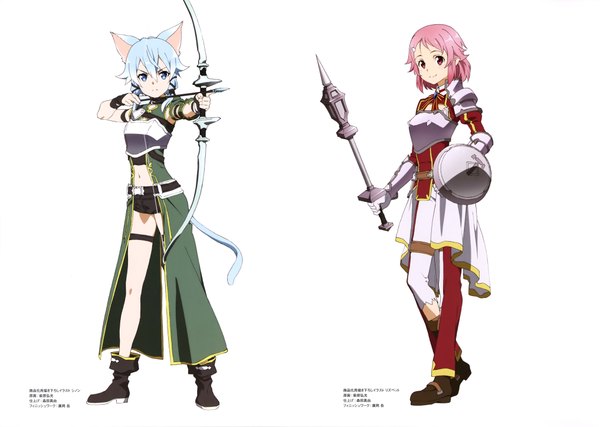 Anime picture 4067x2896 with sword art online a-1 pictures asada shino lisbeth hagiwara hiromitsu highres short hair blue eyes simple background red eyes white background multiple girls animal ears blue hair pink hair absurdres tail animal tail cat ears scan