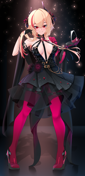 Anime picture 3000x6200 with girls frontline m4 sopmod ii (girls frontline) z.taiga single long hair tall image looking at viewer fringe highres breasts light erotic simple background blonde hair smile hair between eyes red eyes standing full body multicolored hair hair flower