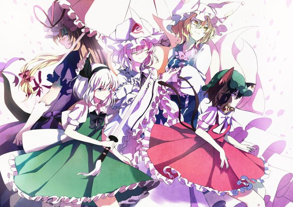 Anime picture 1402x992 with touhou konpaku youmu yakumo yukari saigyouji yuyuko yakumo ran chen surumeri (baneiro) long hair looking at viewer short hair blue eyes blonde hair smile brown hair white background multiple girls animal ears yellow eyes pink hair silver hair