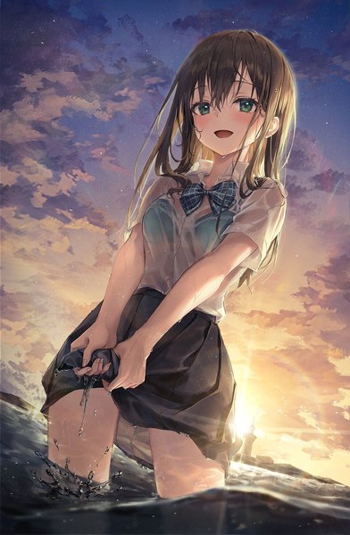 Anime picture 1200x1839 with original r o ha single long hair tall image looking at viewer blush fringe open mouth light erotic hair between eyes brown hair sky cloud (clouds) :d multicolored hair aqua eyes from below partially submerged evening