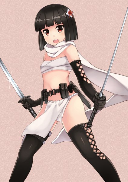 Anime picture 775x1100 with original fukube tamaki kouno hikaru single tall image short hair open mouth light erotic black hair red eyes girl gloves weapon sword black gloves elbow gloves boots scarf katana thigh boots