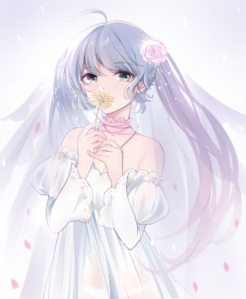 Anime picture 1842x2239 with vocaloid hatsune miku gou lianlian dogface single long hair tall image looking at viewer blush fringe highres simple background standing bare shoulders holding green eyes ahoge hair flower aqua hair covered mouth girl