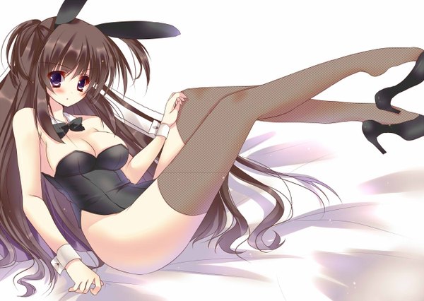 Anime picture 1300x924 with original amane ruri single long hair looking at viewer blush breasts light erotic black hair purple eyes bare shoulders animal ears bunny ears legs girl thighhighs bunnysuit fishnet stockings