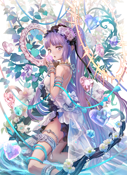 Anime picture 800x1096 with fate (series) fate/grand order fate/hollow ataraxia euryale (fate) torino aqua single looking at viewer blush fringe open mouth smile standing twintails purple eyes bare shoulders holding payot purple hair very long hair :o