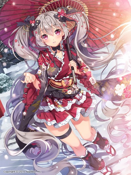 Anime picture 750x1000 with joker ~gang road~ yeonwa single tall image looking at viewer blush fringe hair between eyes purple eyes twintails very long hair grey hair dutch angle watermark 2016 girl dress bow hair bow thigh strap