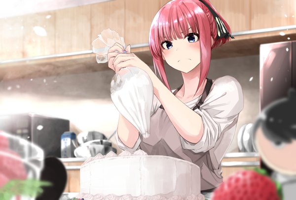 Anime picture 2391x1618 with go-toubun no hanayome nakano nino fuu (fuore) single long hair looking at viewer blush fringe highres blue eyes standing holding payot upper body ponytail red hair indoors blunt bangs nail polish blurry
