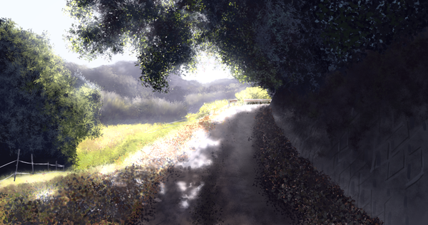 Anime picture 2048x1080 with original tsuruzen highres wide image shadow no people landscape nature plant (plants) tree (trees) forest road