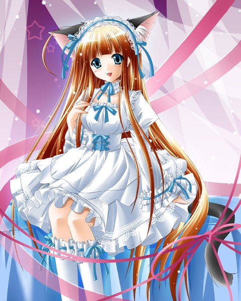 Anime picture 1600x2000 with kamiya tomoe long hair tall image blue eyes brown hair animal ears cat girl lolita fashion girl dress ribbon (ribbons) socks white dress