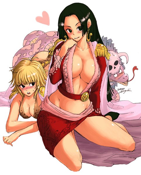 Anime picture 900x1116 with one piece toei animation boa hancock salome (one piece) marguerite (one piece) nekoguchi long hair tall image looking at viewer blush short hair breasts light erotic black hair blonde hair large breasts multiple girls cleavage black eyes no bra