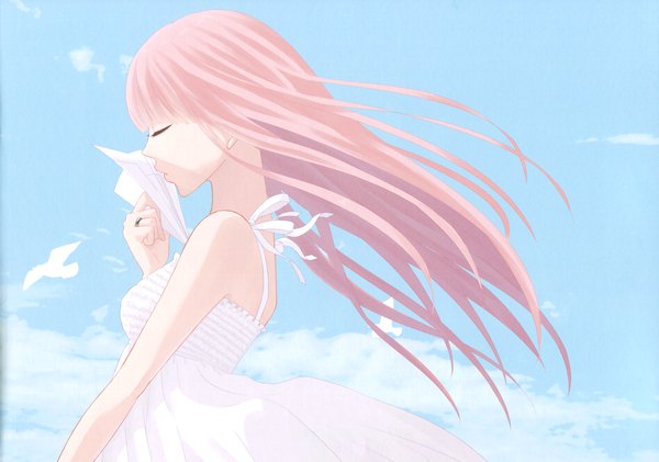 Anime picture 3437x2416 with vocaloid just be friends (vocaloid) megurine luka single long hair highres bare shoulders pink hair absurdres sky cloud (clouds) eyes closed girl dress animal white dress bird (birds) paper airplane