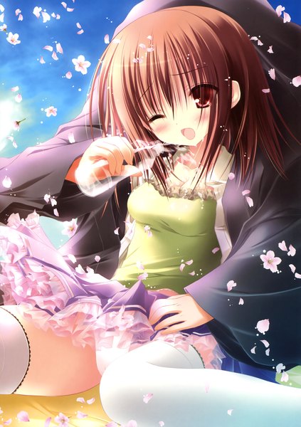 Anime picture 2325x3300 with ro-kyu-bu! project no.9 kashii airi tinker bell tall image blush highres short hair light erotic red eyes brown hair one eye closed wink scan pantyshot pantyshot sitting girl thighhighs dress underwear