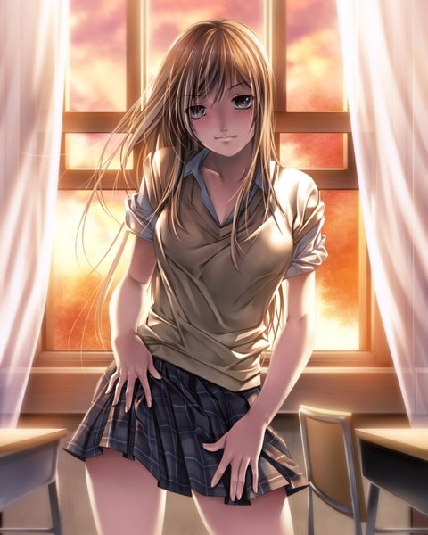 Anime-Bild 900x1125 mit original rezi single long hair tall image brown hair black eyes classroom girl uniform school uniform serafuku window desk