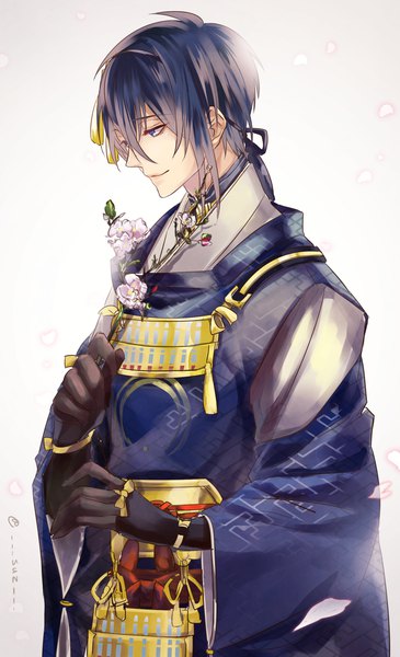 Anime picture 1400x2300 with touken ranbu nitroplus mikazuki munechika anno meiji single tall image short hair blue eyes simple background smile white background signed blue hair looking away traditional clothes head tilt japanese clothes profile cherry blossoms thinking