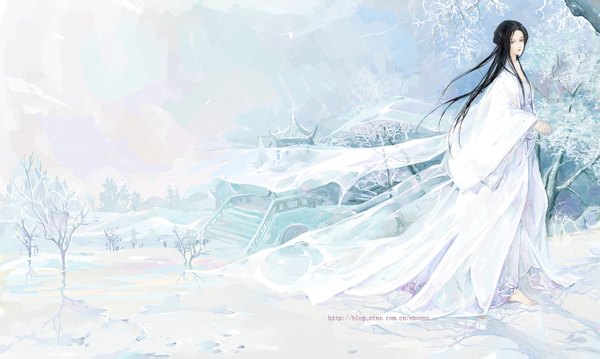 Anime picture 1334x799 with original he he wu single long hair blue eyes black hair wide image traditional clothes barefoot inscription shadow chinese clothes winter girl plant (plants) tree (trees) hanfu