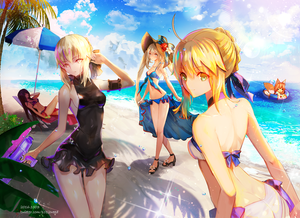 Anime picture 1200x870 with fate (series) fate/grand order fate/stay night fate/extra artoria pendragon (all) scathach (fate) (all) tamamo (fate) (all) saber alter tamamo no mae (swimsuit lancer) (fate) marie antoinette (fate/grand order) scathach (swimsuit assassin) (fate) marie antoinette (swimsuit caster) (fate) artoria pendragon (swimsuit archer) (fate) astarone long hair looking at viewer blush fringe short hair blue eyes