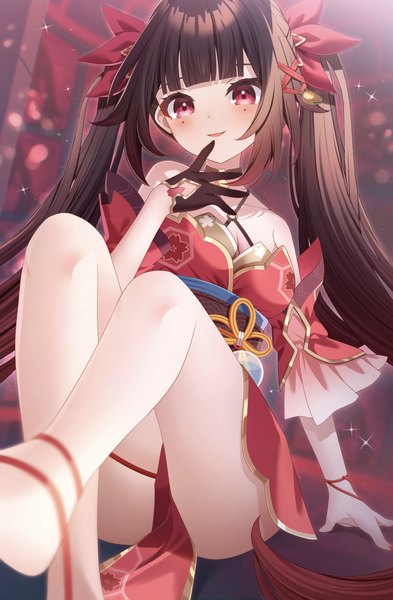 Anime picture 2646x4035 with honkai: star rail honkai (series) sparkle (honkai: star rail) sapphire (sapphire25252) single long hair tall image looking at viewer blush fringe highres light erotic red eyes brown hair sitting twintails blunt bangs arm support bare legs sparkle