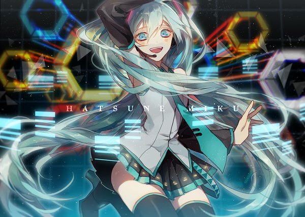 Anime picture 1002x716 with vocaloid hatsune miku io (sinking=carousel) single looking at viewer open mouth twintails very long hair aqua eyes aqua hair inscription high heels character names space girl skirt detached sleeves miniskirt necktie star (stars)