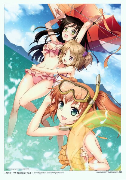 Anime picture 2831x4053 with original an2a long hair tall image blush highres short hair open mouth light erotic black hair brown hair purple eyes multiple girls green eyes one eye closed wink scan girl swimsuit bikini
