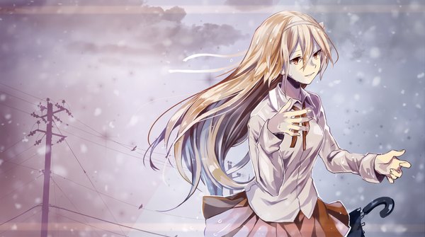 Anime picture 1500x839 with utau toudou charo single long hair fringe blonde hair smile hair between eyes wide image brown eyes looking away sky cloud (clouds) parted lips pleated skirt wind outstretched arm snowing rain wet clothes
