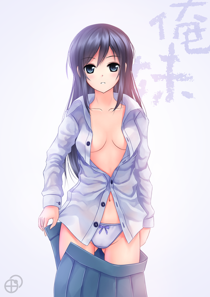 Anime picture 1488x2105 with ore no imouto ga konna ni kawaii wake ga nai aragaki ayase veilrain single long hair tall image blush breasts blue eyes light erotic white background blue hair open clothes open shirt ass visible through thighs girl navel underwear panties