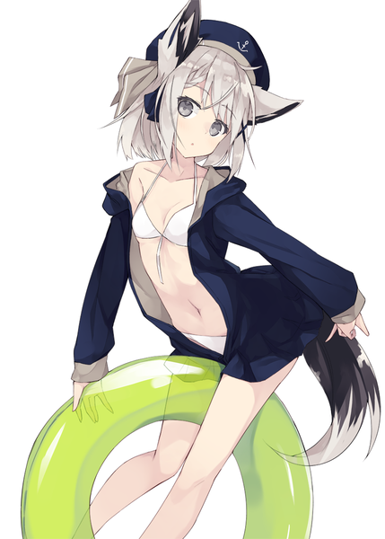 Anime picture 864x1208 with original nagishiro mito single tall image looking at viewer blush fringe short hair light erotic standing animal ears cleavage silver hair tail head tilt animal tail off shoulder grey eyes fox ears fox tail